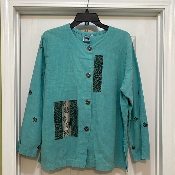 As Libs - vintage 100% cotton jacket in green/turquoise -painted graphics - M - Picture 1 of 5